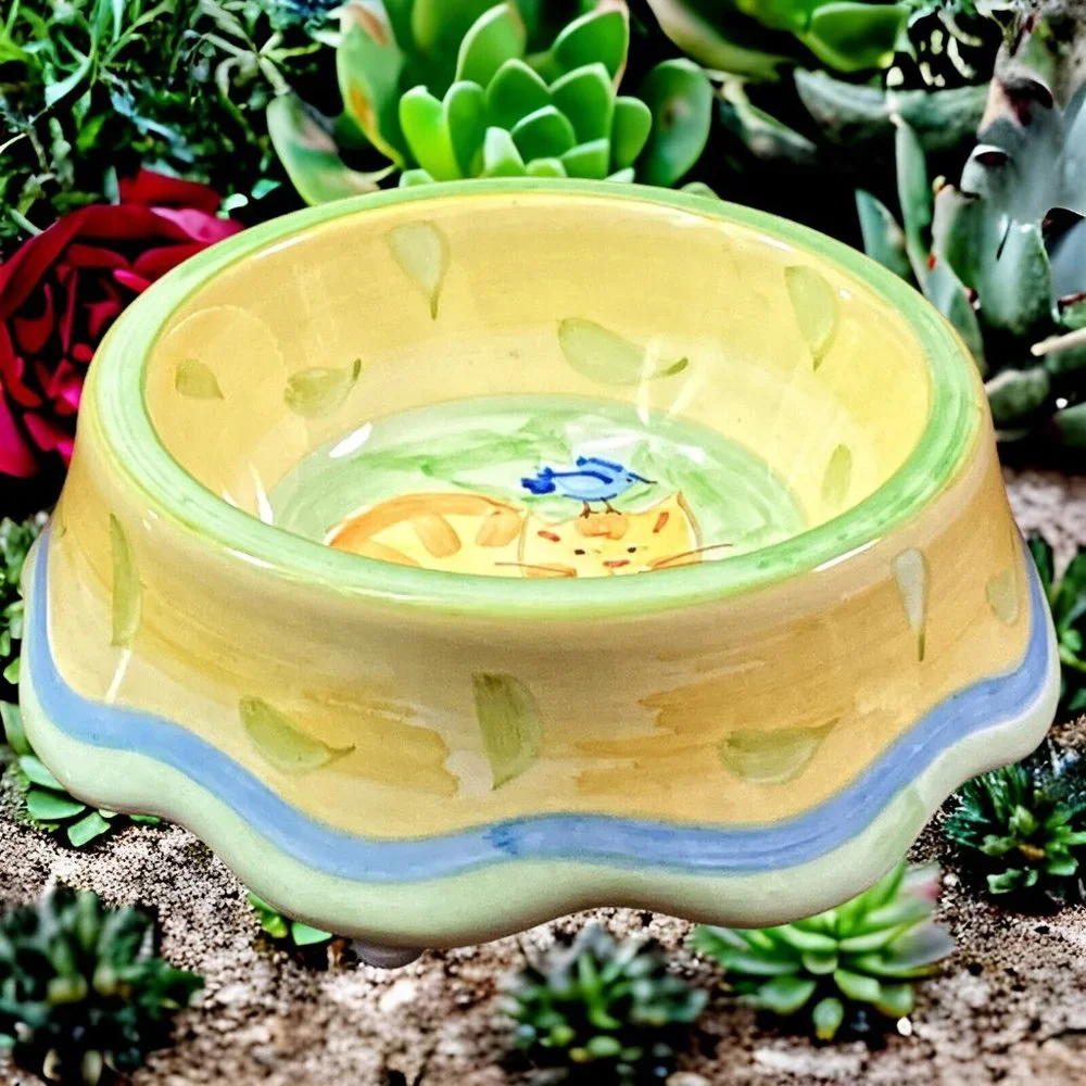 VTG Ceramic Kitty Cat Feeding Bowl/Dish Hand Painted Tabby & Bird Super Cute